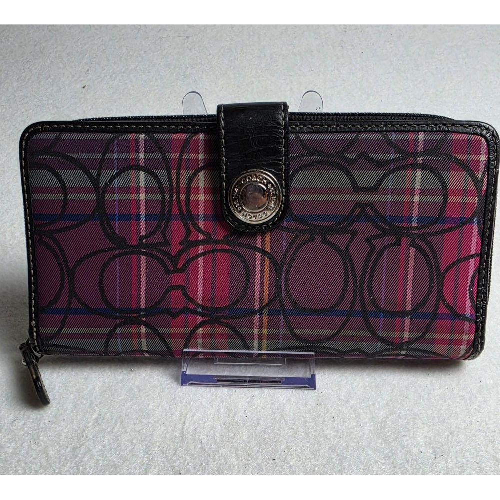 Coach Plaid Signature C Zip Wallet Pink Purple Tartan Y2K McBling Accordion